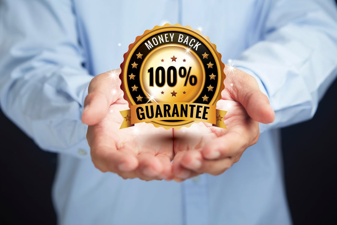 Hands presenting money back guarantee badge